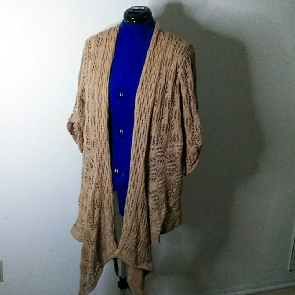 Open front pointelle cardigan.